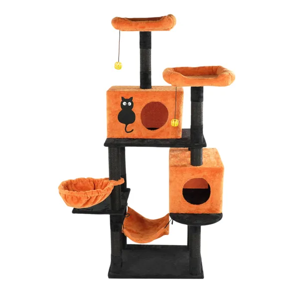 Halloween Cat Tree, Large Cat Tower With 2 Spacious Cat Condos, 2 Padded Perches, 2 Hammocks, Scratching Posts, Hanging Toy, Multi Level Cat Activi... Black And Orange - Shop at LoveMi