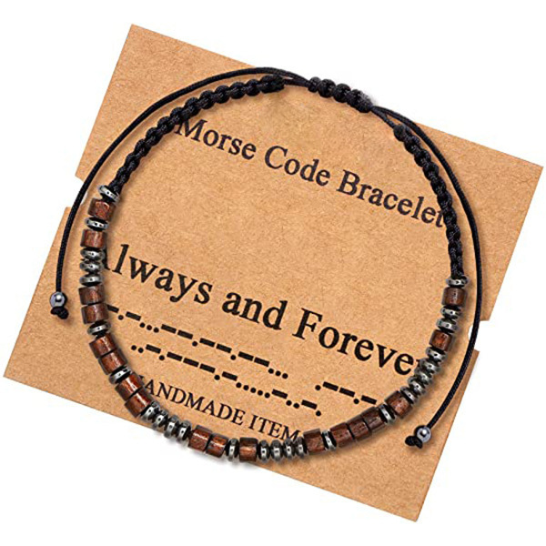 Title 7, Morse Code Bracelet Black Gallstone Wood Beads