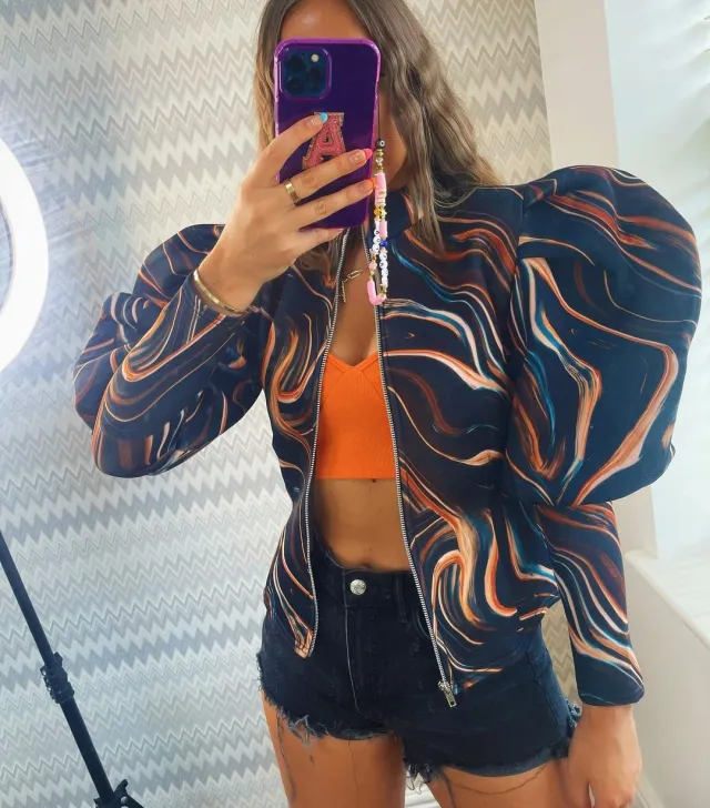 Autumn And Winter Puff Sleeve Zipper Stand Collar Casual Jacket Blue - Shop at LoveMi