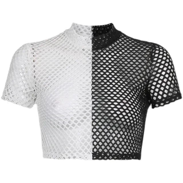 Black And White Color Block Mesh Round Neck Top T shirt Black And White - Shop at LoveMi
