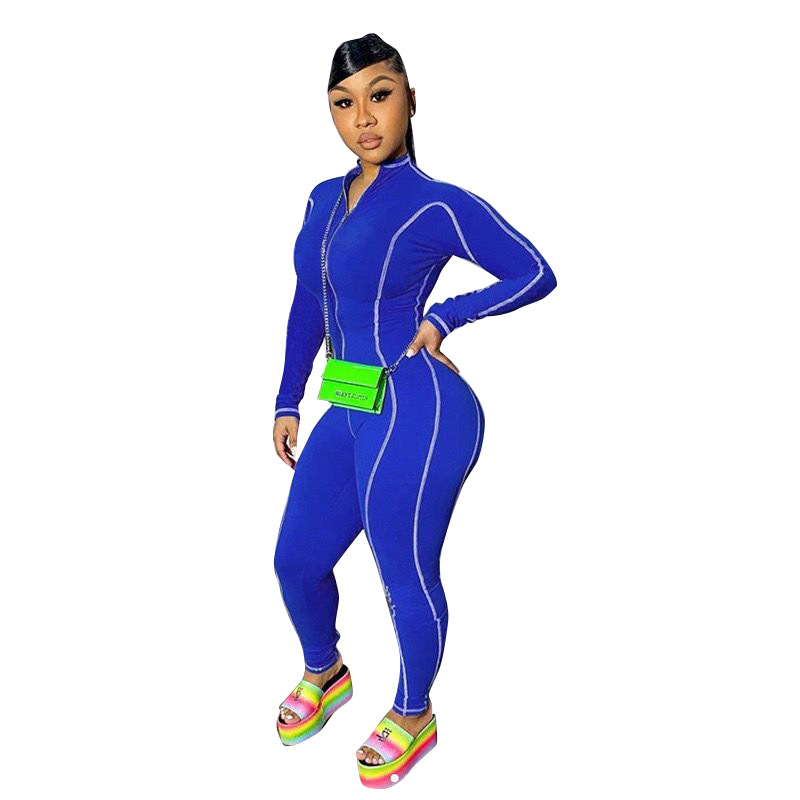 Women's Striped Zip Collar Long Sleeve Jumpsuit - Image 5