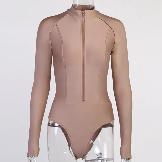 Women's Solid Color Long Sleeve Breast Showing Bodysuit Brown - Shop at LoveMi