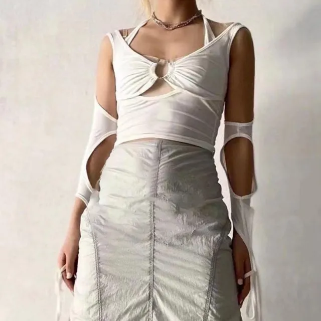 Panelled Tie Halter Neck Smocked Long Sleeves White - Shop at LoveMi