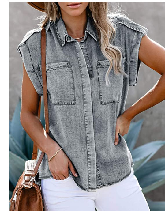 Title 5, New Style Sleeveless Denim Shirt Straight Pocke...