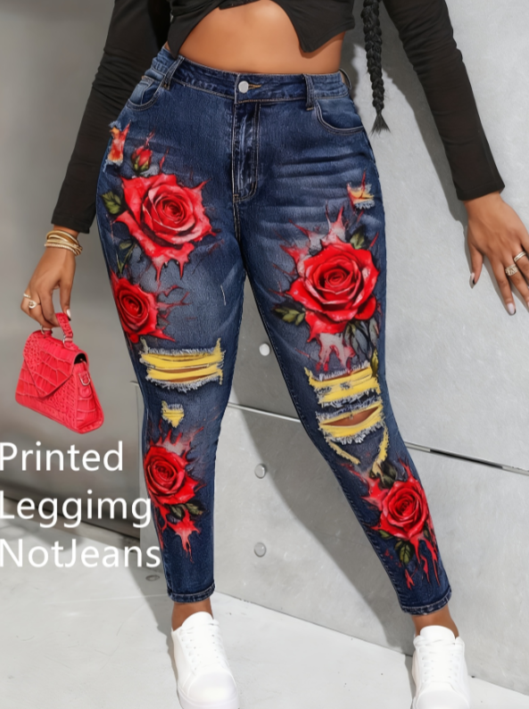 French Romantic Style. High-waisted Slimming Floral Print Denim A-line Skirt.