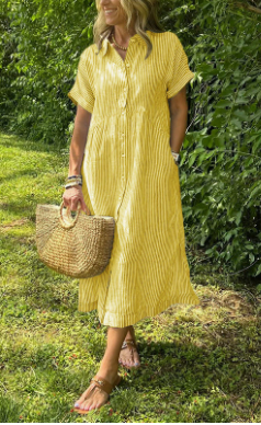Striped Collared Short Sleeve Shirt Dress