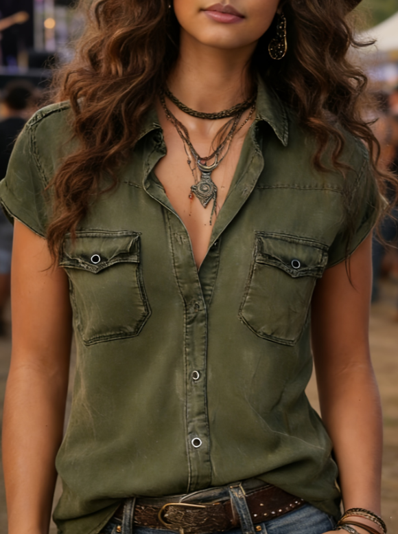 Retro Workwear Style Multi-pocket Women's Top