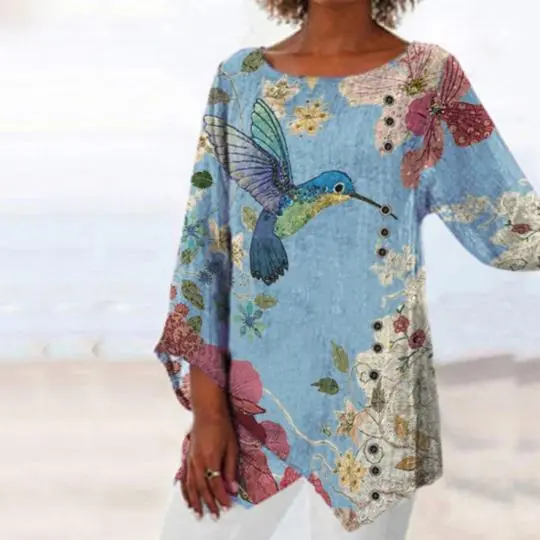 Printed Loose Bamboo Fiber Linen Floral Short Sleeves Blue - Shop at LoveMi