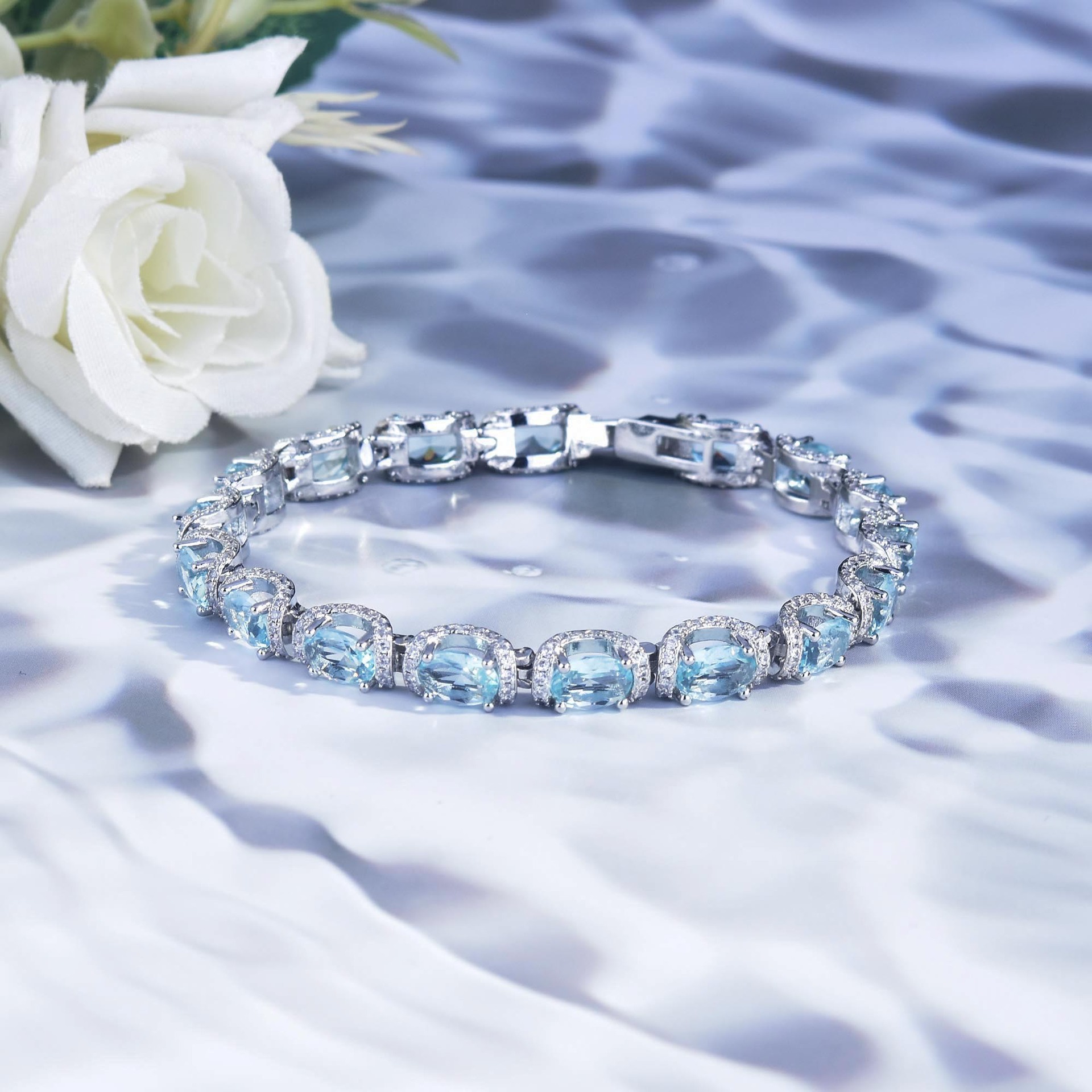 Oval Aquamarine Halo Tennis Bracelet, Luxury Blue Gem Bracelet For Women