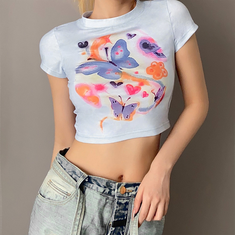 Round Neck Strapless Fashion Butterfly Print Short Sleeves