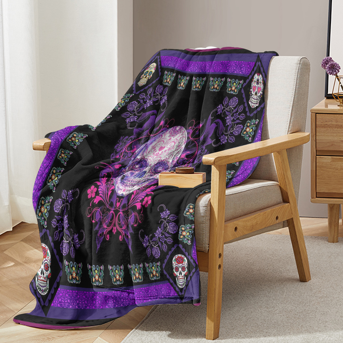 Floral Skull Fleece Throw Blanket, picture 2 of 3