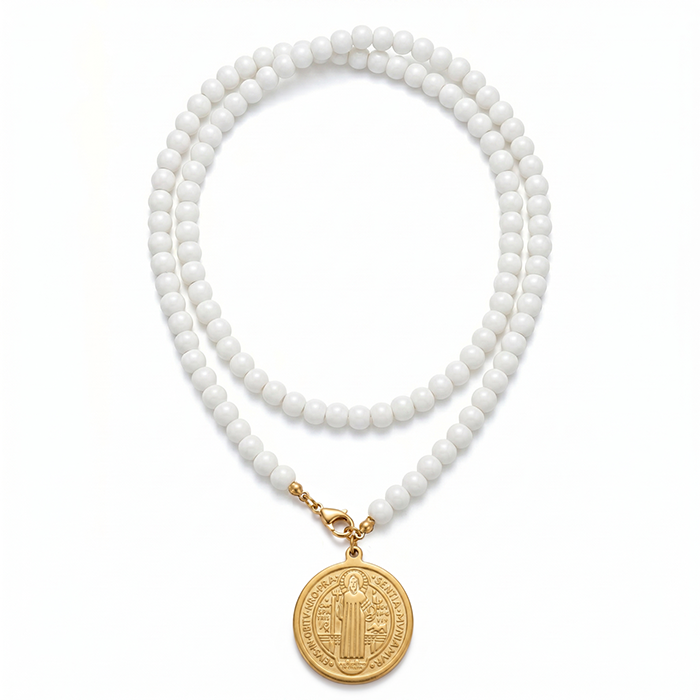 St Benedict Medal Long Necklace For Women, 80cm White Glass Bead Rosary Necklace, 18K Gold Plated Stainless Steel Religious Protection Jewelry