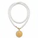 St Benedict Medal Long Necklace For Women, 80cm White Glass Bead Rosary Necklace, 18K Gold Plated Stainless Steel Religious Protection Jewelry view 2
