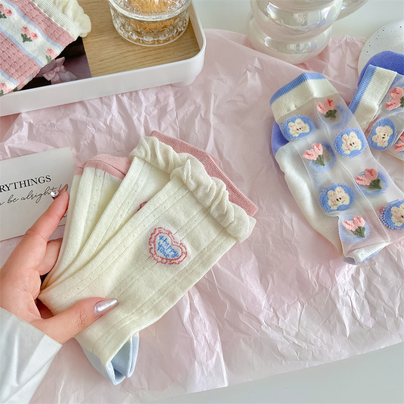 Pink Blue Tulip Glass Silk Pile Socks For Ladies