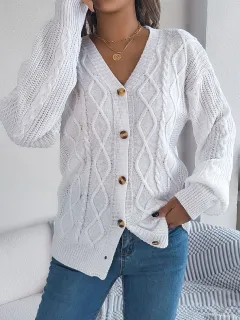 Women Casual V-Neck Lantern Sleeve Cable Knit Button Cardigan Sweater - White - View 1