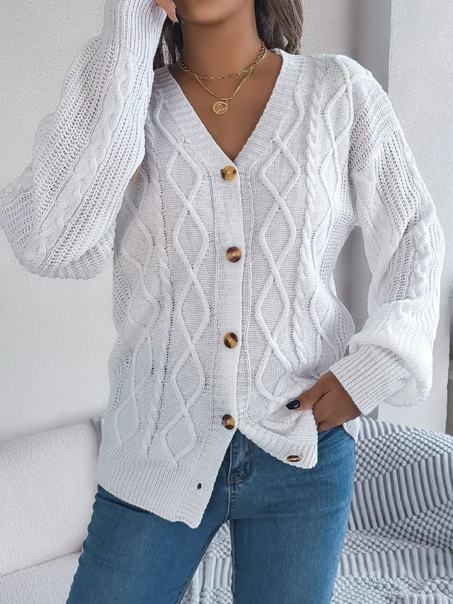Women Casual V Neck Lantern Sleeve Cable Knit Button Cardigan Sweater White - Shop at LoveMi