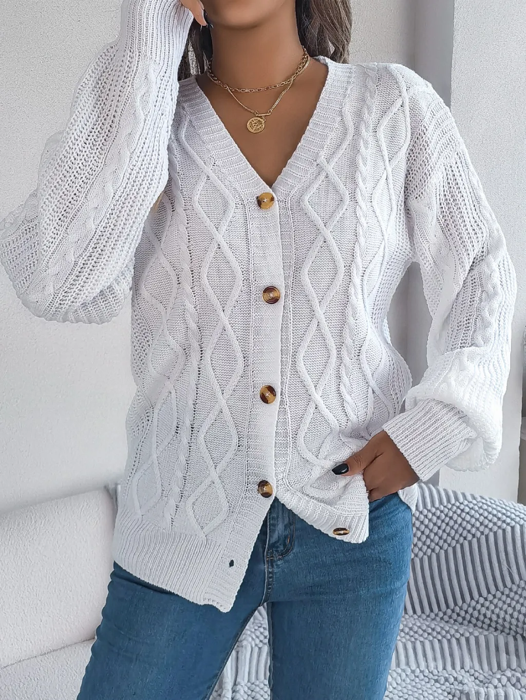 Women Casual V-Neck Lantern Sleeve Cable Knit Button Cardigan Sweater - White