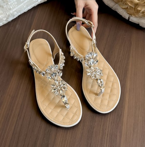 Women's Rhinestone Flat Thong Sandals, Boho One Strap Buckle Roman Sandals, Casual Vacation Dress Shoes