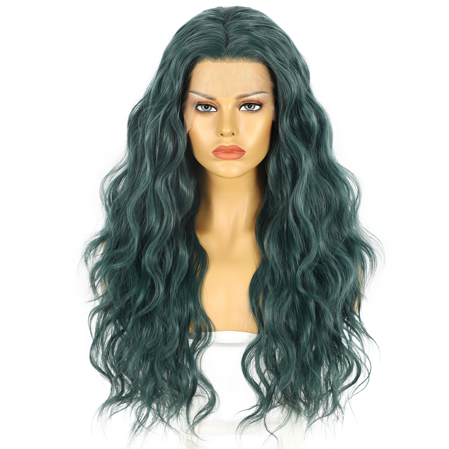 Wig Ladies Long Curly Hair Synthetic Front Lace Wig Headgear Green - Shop at LoveMi
