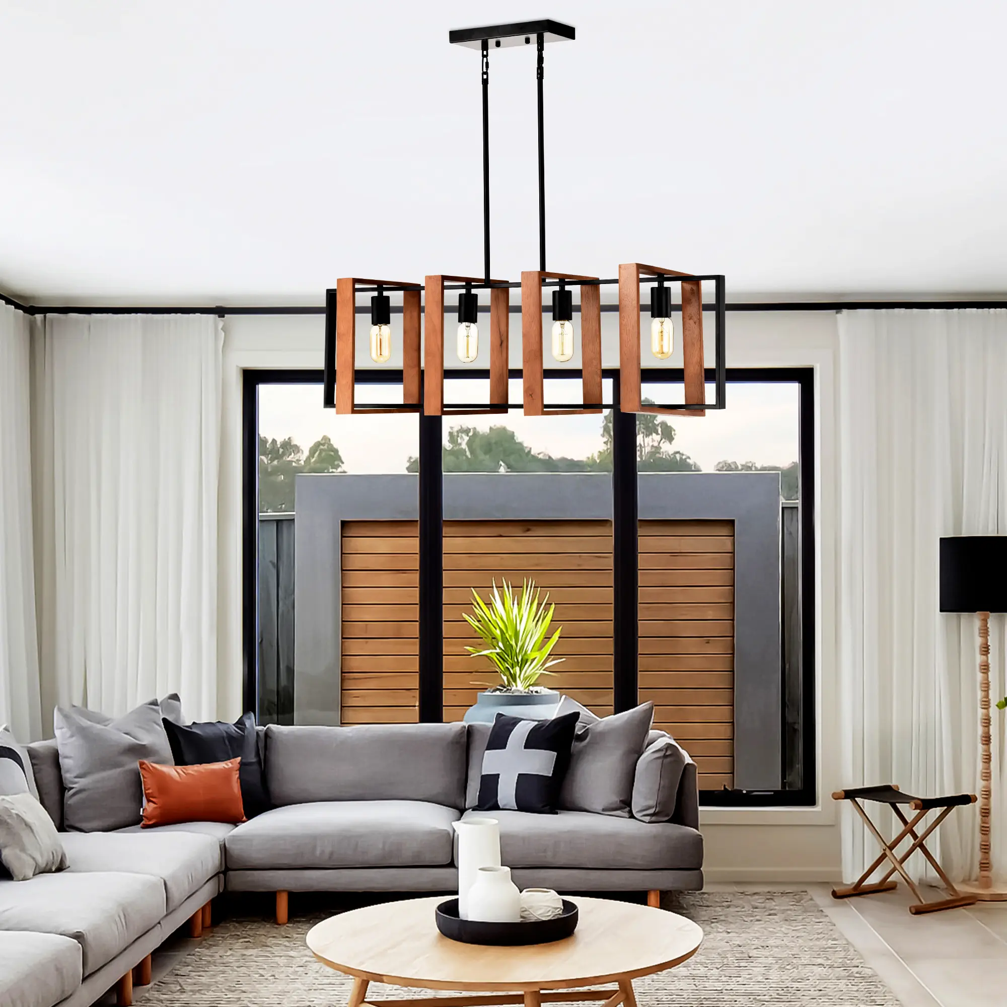 4-Light Kitchen Island Lights Pendant Light Farmhouse Dining Room Light Fixture, Rustic Wood And Black Metal Rectangular Chandelier, Hanging Lighting For Living