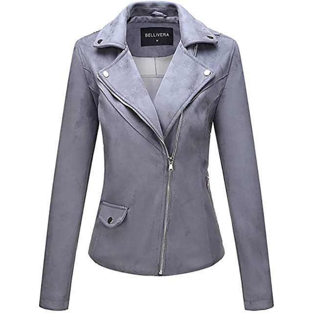 Giolshon Autumn Flowers Embroidery PU Leather Jacket Women Gray - Shop at LoveMi
