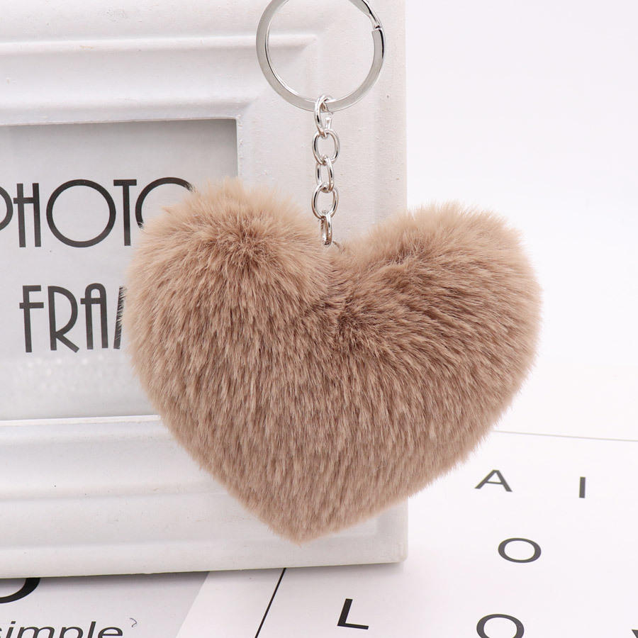 Heart shaped Fur Ball Keychain Rex Rabbit Plush Car Pendant Light Brown - Shop at LoveMi