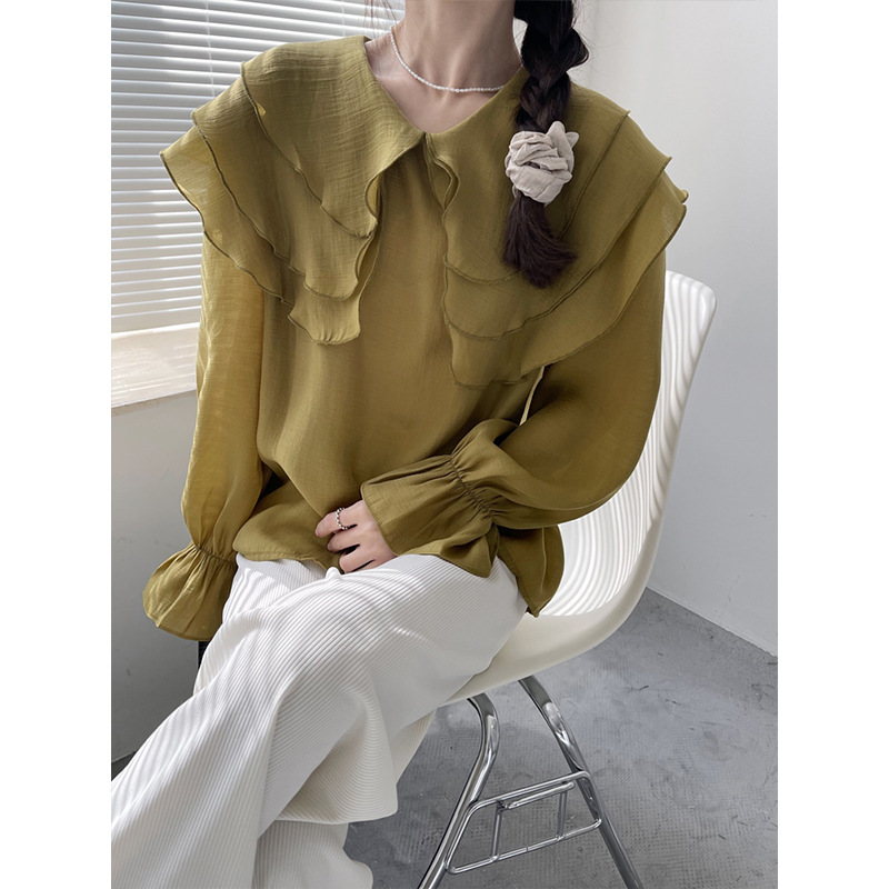 Spring Lapel Shirt Women's Pure Desire Retro French Long Sleeve Petal Sleeve