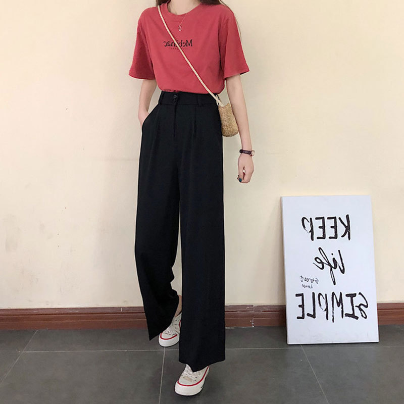 Title 2, Thin High Waist Drape Black Trousers Straight