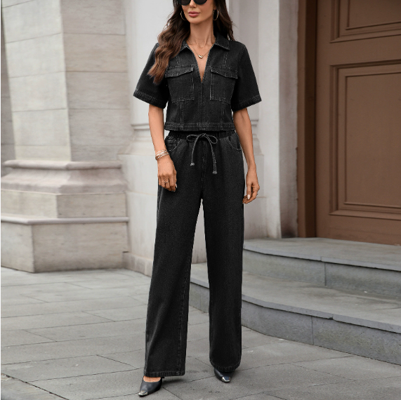 Women’s Summer New Collection, Amazon Independent Station, Washed Fashion Short, Slim Fit, Vest, Cowboy Set – Black and Grey Set, S