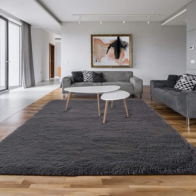 Fluffy Luxury Large Area Rug, Non-Skid Fleece Carpets For Bedroom,Living Kids Room , Soft Plush Furry, Floor Rug 5x7 Feet, Grey,Washable