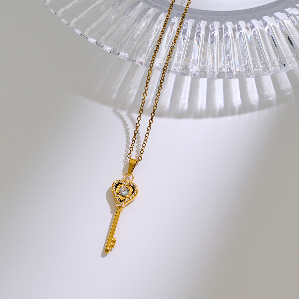 Stainless Steel Key-shaped Zircon Pendant Necklace