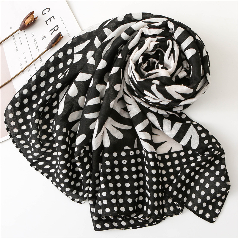 Women's Spring And Autumn Black With White Dots And Floral Long Scarf Sunscreen Scarf