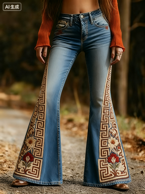 Fashion Retro Printed Flared Pants, Women's Jeans