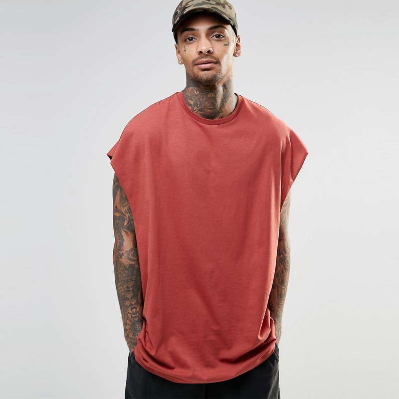 Fall Shoulder Loose Sports T-shirt High Street Trend Sleeveless Hip-hop Solid Color Shirt Round Neck