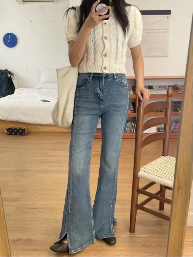 High waisted, High elastic, Slim fitting, Brushed color, Split flared Jeans Blue - Shop at LoveMi