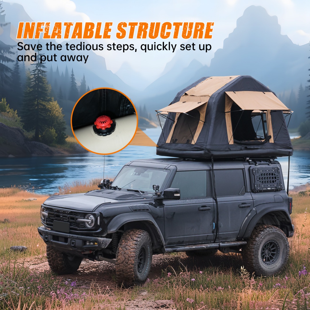 Foldable 2-3 People Amphibious Inflatable Car Roof Top Tent For Camping Outdoor Glamping Camping Tent For SUV,Truck  Without Ladder, Two-tone Style, Khaki & Black