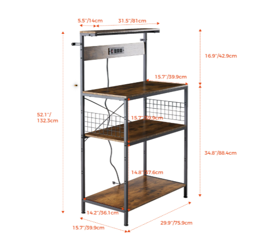 Kitchen Bakers Rack With Power Outlet, Adjustable Storage_voghion.com