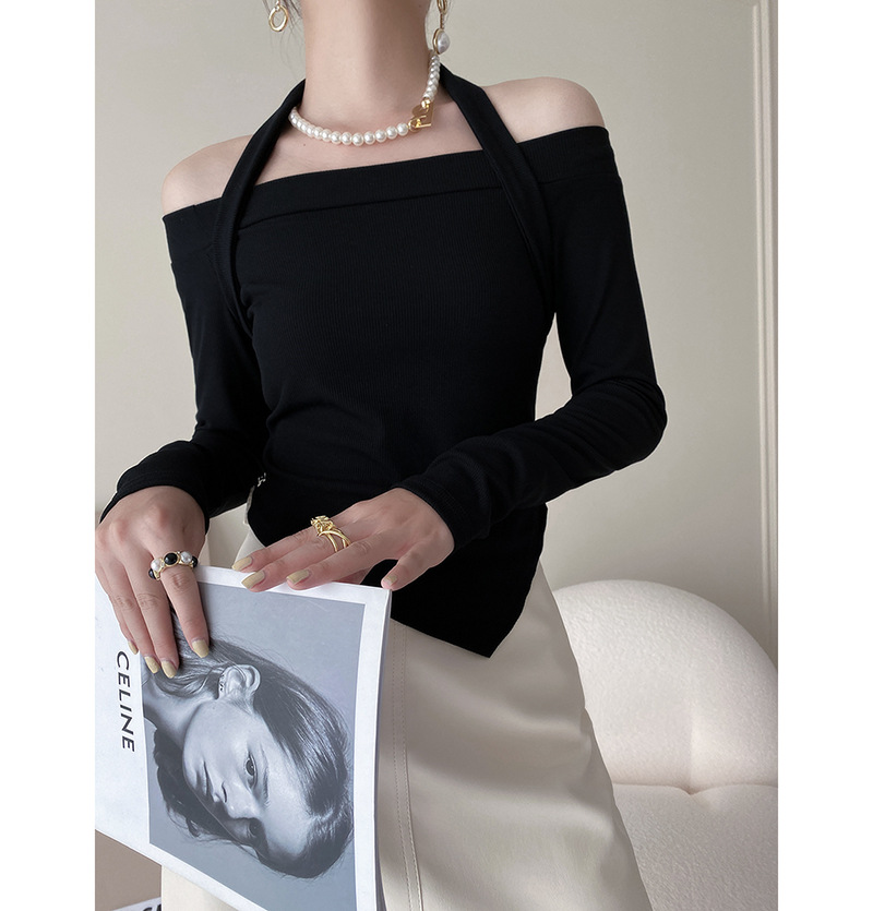 Women's Autumn Long-sleeved Blouse With Halter Neck And Shoulder Knit Sweater