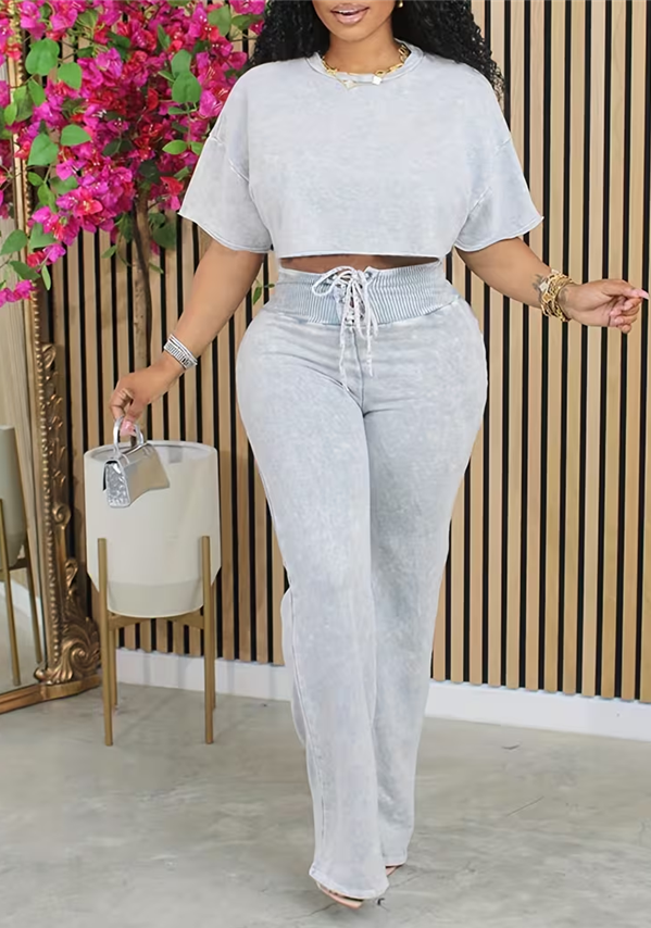 American Retro Round Neck Cropped Top  High-waisted Drawstring Wide-leg Pants Set For Women