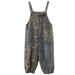 Women's Retro Nostalgic Print Ripped Denim Overalls - Grey - View 1