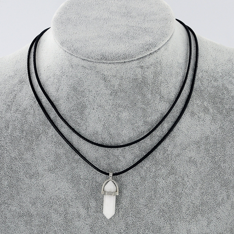 Natural Stone Pendant Double Leather Rope Crystal Hexagonal Column Necklace White - Shop at LoveMi