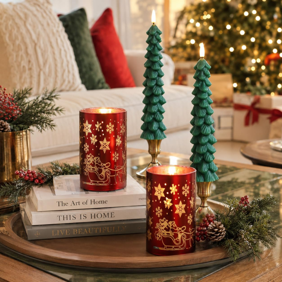 Lezonic Christmas Flameless Candles With Remote, Green Christmas Tree Flickering Battery Operated Window Candlesticks, Red Glass Xmas New Ye