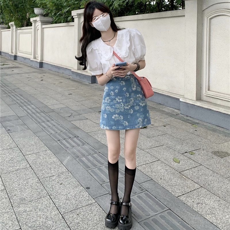 Title 6, Doll Collar Short Sleeve Shirt High Waist Flora...