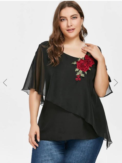 Summer Plus Size V-neck Embroidery Irregular Chiffon Top