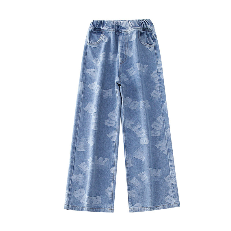 Western Style Little Girl Round Letters Wide-leg Denim Trousers Trendy Fan