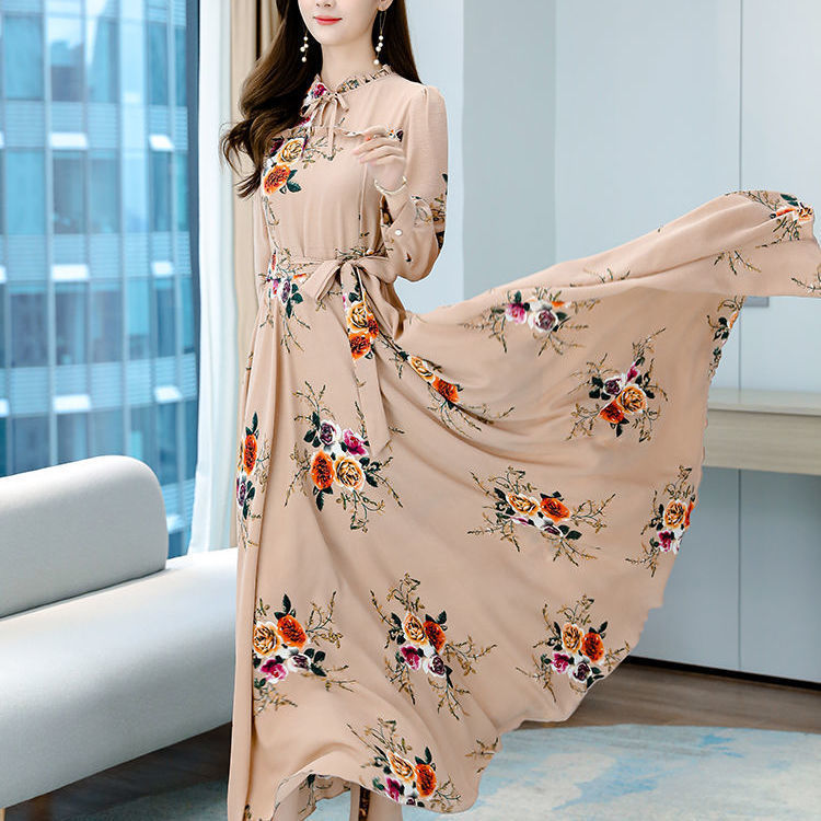 Women's Long-sleeved Waist Slimming Printed Dress