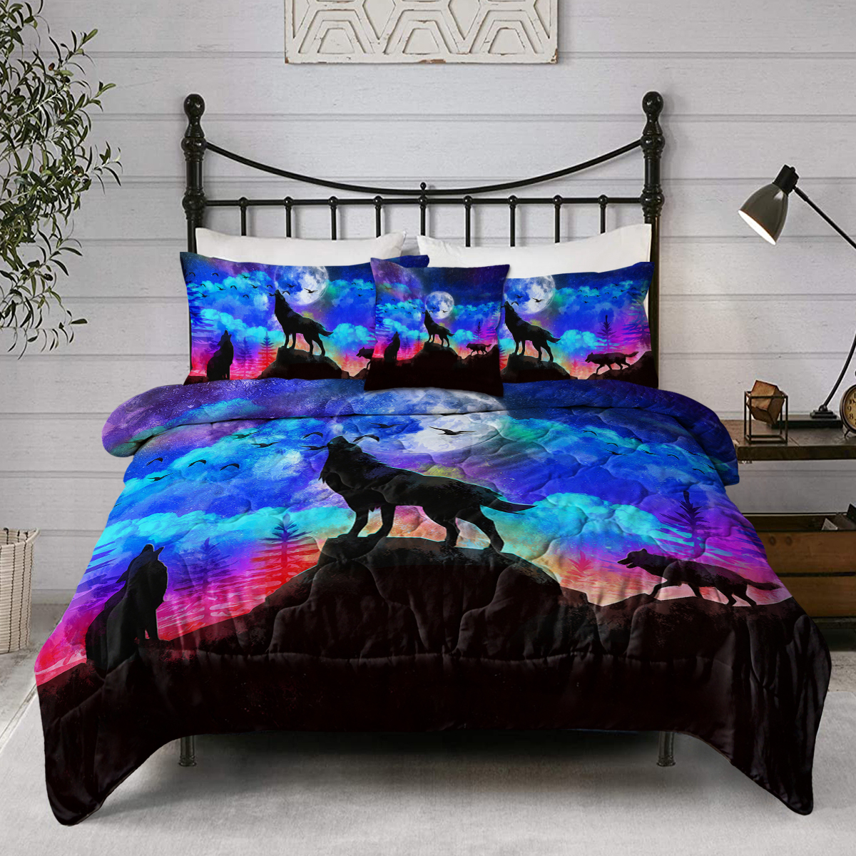 Galaxy Comforter Set Men 3D Wolf Bed Comforter Set 4 Piece W