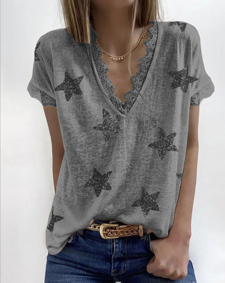 Title 10, V-neck Printed Lace T-shirt