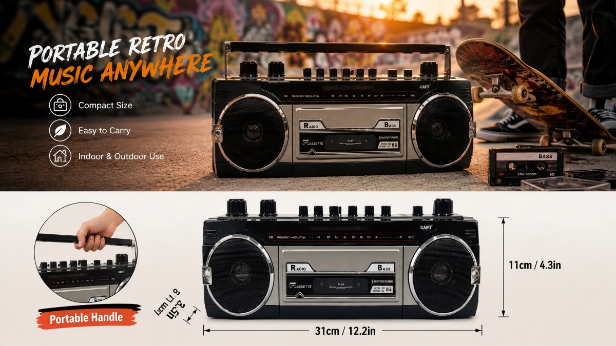Retro Bluetooth Boombox Cassette Player With FM Radio Stereo Speakers USB SD 2
