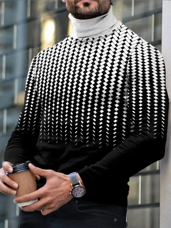 Autumn Winter Men's Long Sleeve Turtleneck T Shirt Printed Casual Top